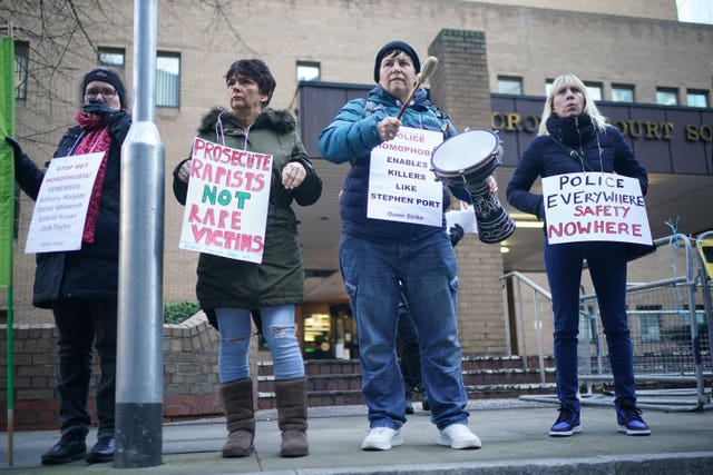 Protesters from Women Against Rape & Women of Colour In The Global Woman’s Strike outside the court