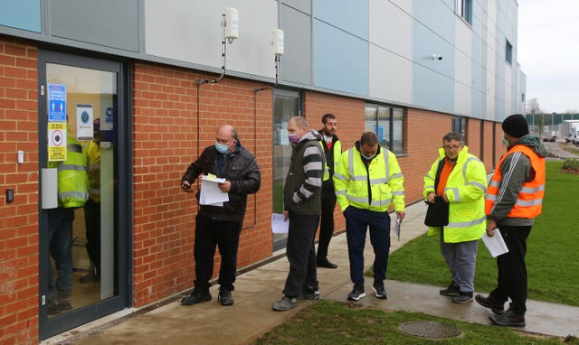 Lorry drivers queue to have their paperwork processed