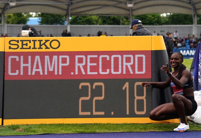 Dina Asher-Smith celebrates winning and setting a championship record in the Women’s 200m at the UK Athletics Championships and Olympic trials in Manchester