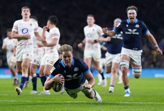 Scotland’s Duhan van der Merwe scores a try in the 29-20 win over England at Twickenham (Adam Davy/PA).