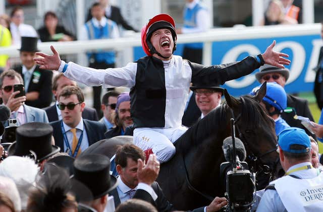 Frankie Dettori celebrates after claiming Derby glory on Golden Horn three years ago