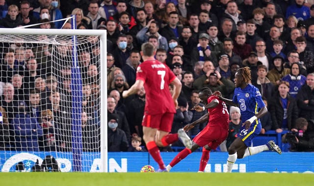 Liverpool took a 2-0 lead at Chelsea through goals from Sadio Mane (centre) and Mohamed Salah (Adam Davy/PA).