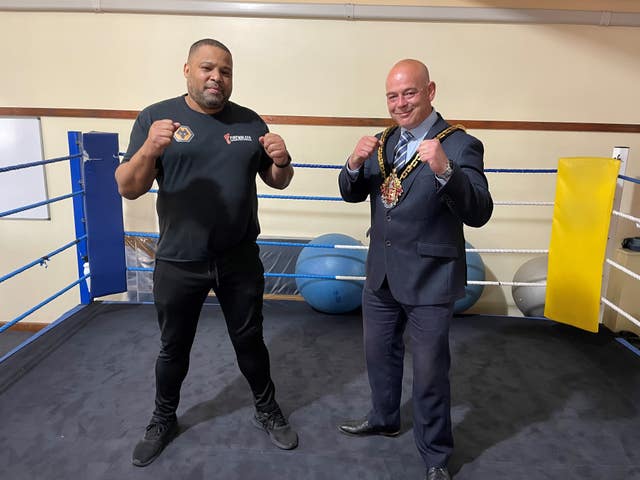 The Mayor of Wolverhampton, Greg Brackenridge, and the owner of Firewalker boxing club, Kirkwood Walker