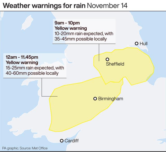 Weather warnings for rain November 14