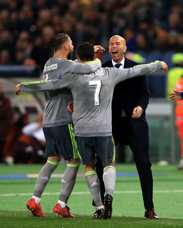 Cristiano Ronaldo celebrates scoring for Real Madrid against Roma in Zidane's first Champions League match in charge