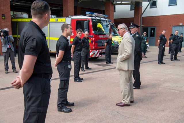 The Prince of Wales visiting Middlemoor Fire Station (Paul Grover/Daily Telegraph/PA)