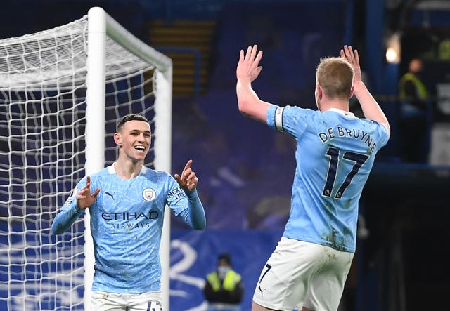 Phil Foden, left, celebrates with Kevin De Bruyne after scoring in a 3-1 win at Chelsea in early January. After a slow start to the season, City comfortably regained the Premier League title from Liverpool. De Bruyne was once again instrumental in the success of Pep Guardiola's side, while fellow creative midfielder Foden underlined his status as arguably England's brightest prospect with a string of standout performances across the campaign