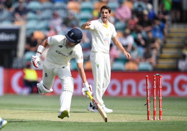 England’s Rory Burns is run out by Australia’s Marnus Labuschagne 