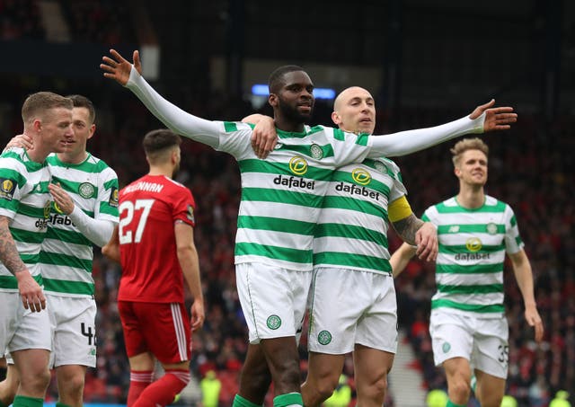 Celtic’s Odsonne Edouard (centre left) celebrates scoring his side’s second goal of the game from the penalty spot as his side beat Aberdeen 3-0 to go through to the Scottish Cup final 