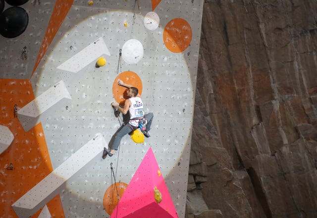 Alberto Gotta climbs in the lead semi-finals during the IFSC Climbing World Cup