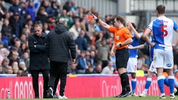 Blackburn Rovers manager John Eustace is shown a red card (Barrington Coombs/PA)