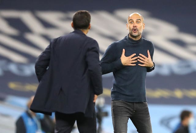 Guardiola (right) exchanged words Porto manager Sergio Conceicao during a fiery game in Manchester in October