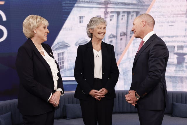 Irish presidential candidates, from left, Fine Gael’s Heather Humphreys, independent candidate Catherine Connolly, and Fianna Fail candidate Jim Gavin, during a debate on The Week in Politics at RTE studios