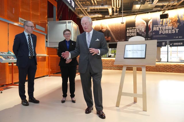 The King speaks after unveiling a plaque commemorating his visit to Aviva Studios 