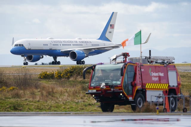 Air Force One, carrying US President Joe Biden, arrives at Ireland West Airport Knock in Co Mayo on the last day of his visit to the island of Ireland 