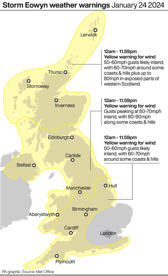 A PA graphic showing weather warnings for Storm Eowyn