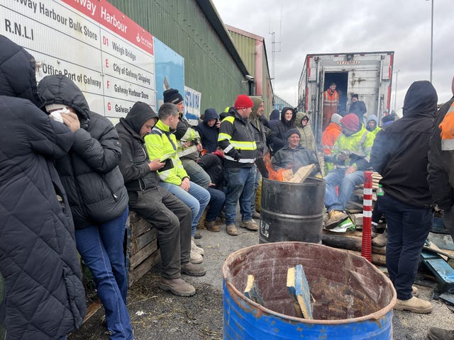 Protesters take part in a blockade at the docks in Galway Docks, Co Galway