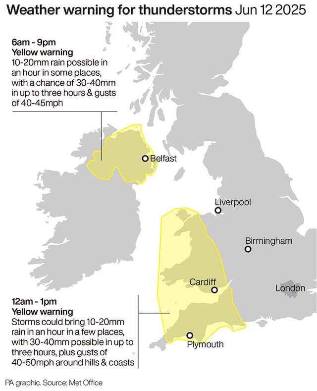 Map showing weather warning for thunderstorms Jun 12 2025