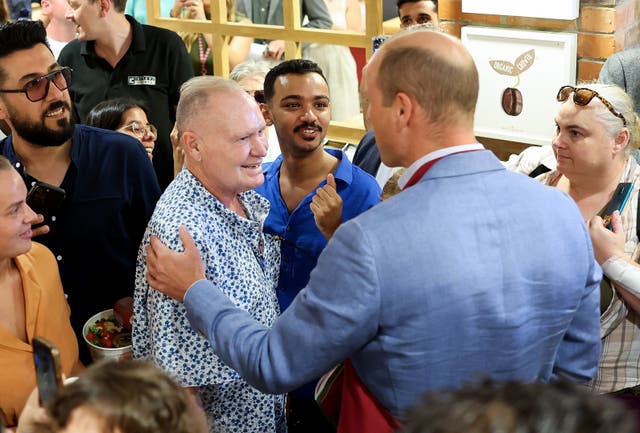 The Prince of Wales meets Paul Gascoigne during a visit to a Pret A Manger store in Bournemouth as part of visit for his Homewards initiative