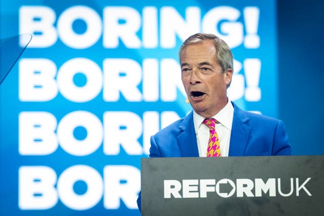 Nigel Farage with the word 'Boring!' behind him repeatedly