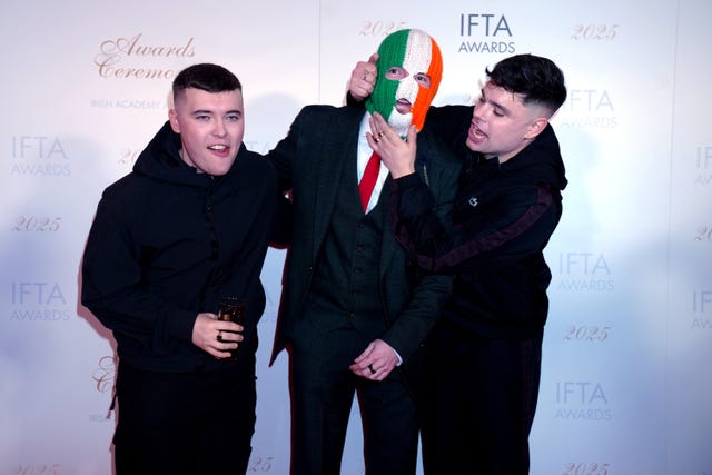 (left to right) members of Kneecap, Mo Chara, JJ O’Dochartaigh and Moglai Bap on the red carpet