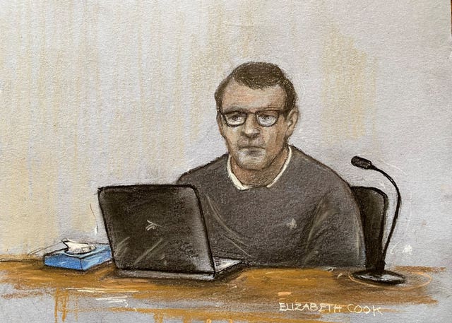 Court artist sketch by Elizabeth Cook of Paul Quinn appearing in the dock at Manchester Crown Court