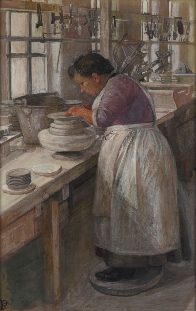 On A Pot Bank: Finishing Off The Edges Of The Unbaked Plates On A Whirler, 1907, by Sylvia Pankhurst