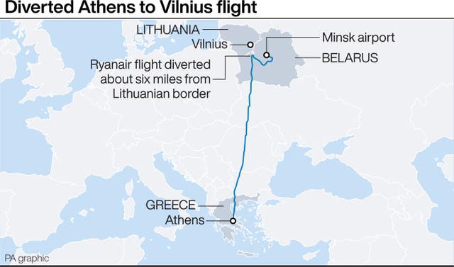 Route of diverted Ryanair flght from Athens to Vilnius