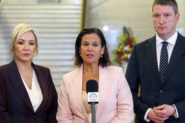 First Minister Michelle O’Neill, Sinn Fein president Mary Lou McDonald, and Sinn Fein’s John Finucane MP during a press conference at Parliament Buildings, Stormont, after meeting Taoiseach Micheal Martin