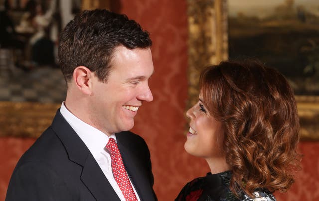 Princess Eugenie and Jack Brooksbank in the Picture Gallery at Buckingham Palace in London after they announced their engagement (Jonathan Brady/PA)