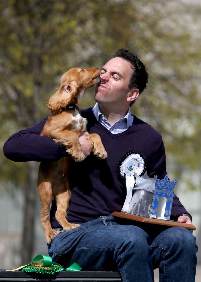 Maurice Golden with Leo after winning the Holyrood Dog of the Year 2018 (Jane Barlow/PA)