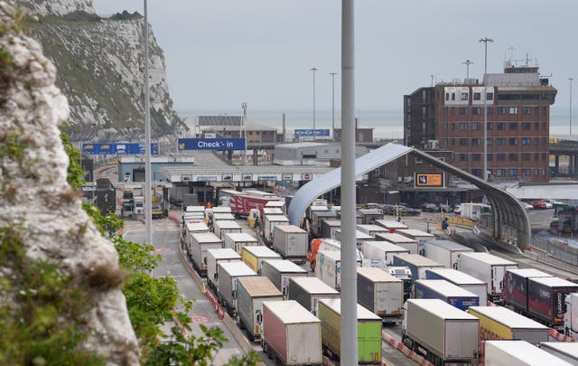 A view of freight traffic queuing at the Port of Dover in Kent 