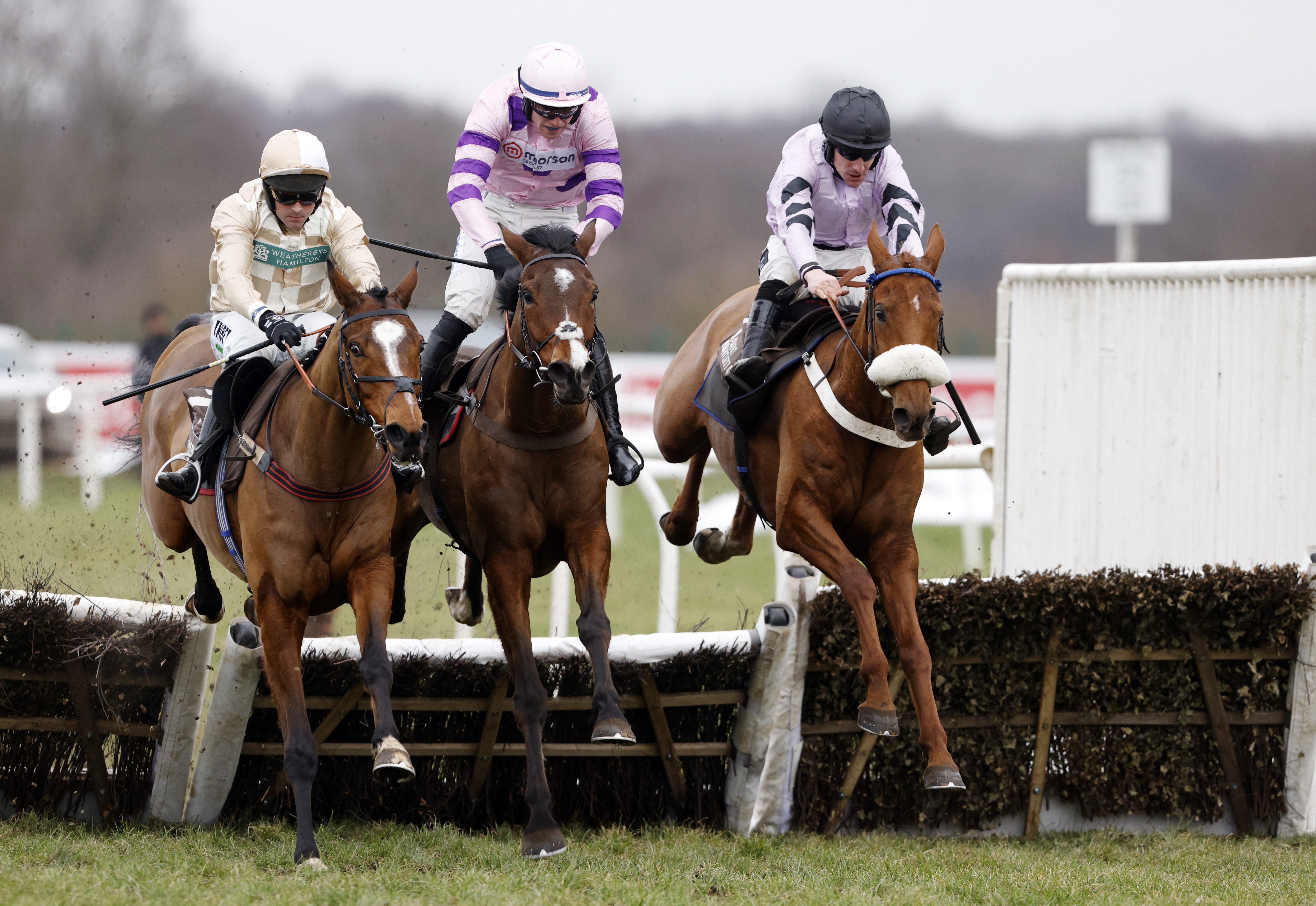Maximilian ridden by Brian Hughes (right) before winning the Albert Bartlett River Don Novices’ Hurdle during the Sky Bet Chase Racing day at Doncaster Racecourse.