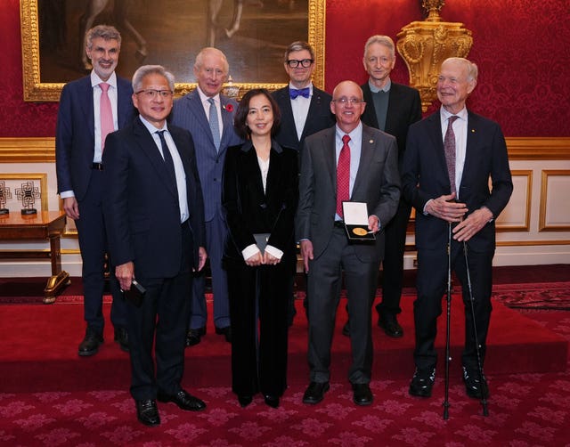 King Charles III (top row, 2nd left) poses for a group photo with the recipients. (top row, left-right) Professor Yoshua Bengio, Dr. Yann LeCun, Professor Geoffrey Hinton, (bottom row, left-right) Jensen Huang, Dr. Fei-Fei Li, Dr. Bill Dally and Professor John Hopfield