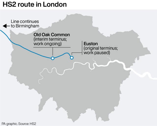 Map showing the HS2 route in London