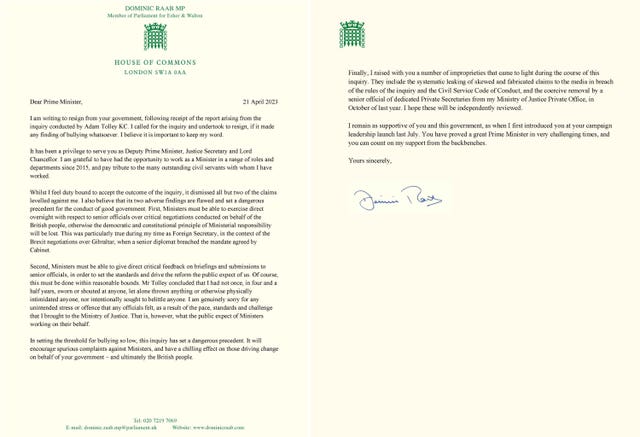 Image taken from the Twitter feed of Dominic Raab of his resignation letter