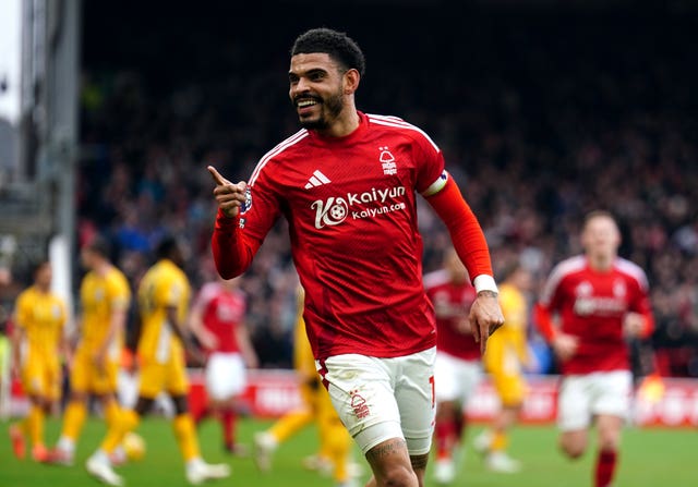 Morgan Gibbs-White points his finger as he celebrates a goal