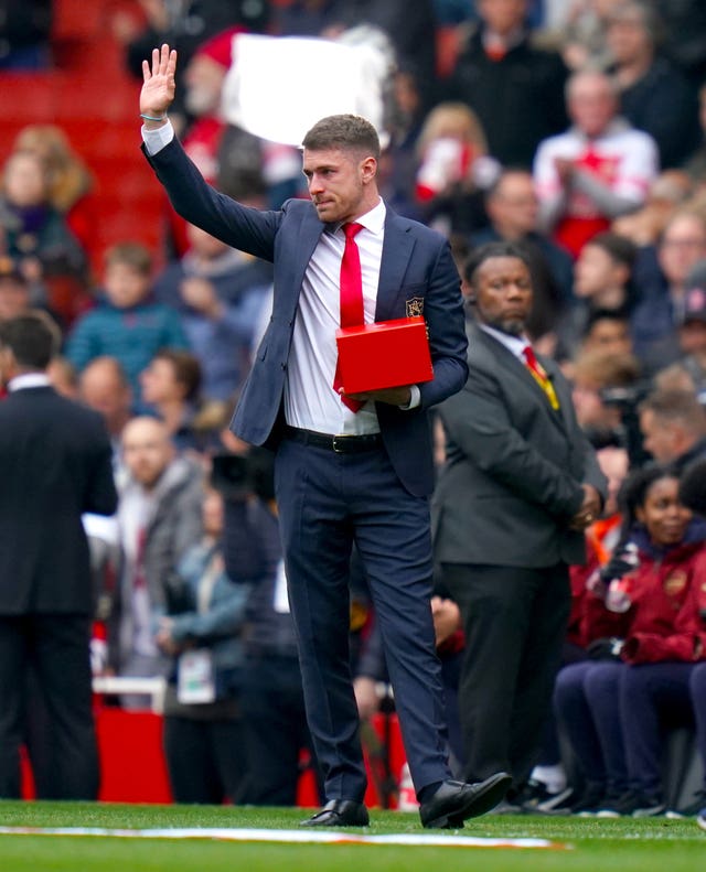 Arsenal’s Aaron Ramsey says goodbye to Arsenal fans in their last home game of the season after 11 years at the club