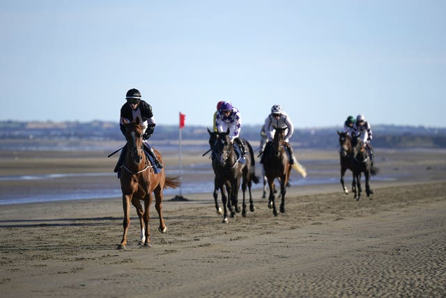 Runners and riders going to post for the second race at Laytown 