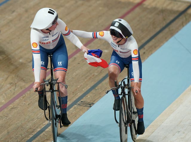 Katie Archibald, left, and Elinor Barker celebrate their team pursuit gold medal