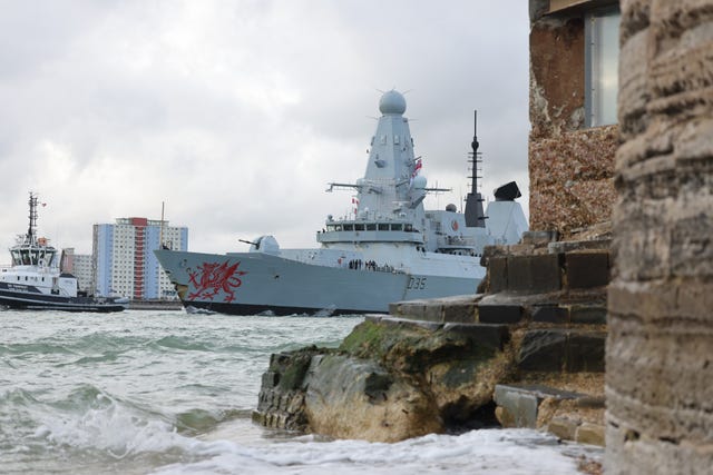 MS Dragon leaving Portsmouth Harbour on its way to the eastern Mediterranean to bolster British defences in the regio