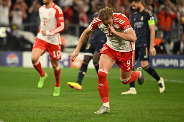 Harry Kane celebrates after giving Bayern Munich the lead