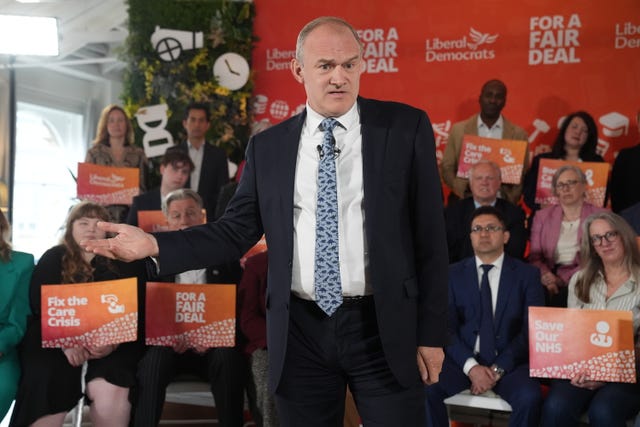 Liberal Democrats leader Sir Ed Davey during the party’s General Election manifesto launch at Lumiere London