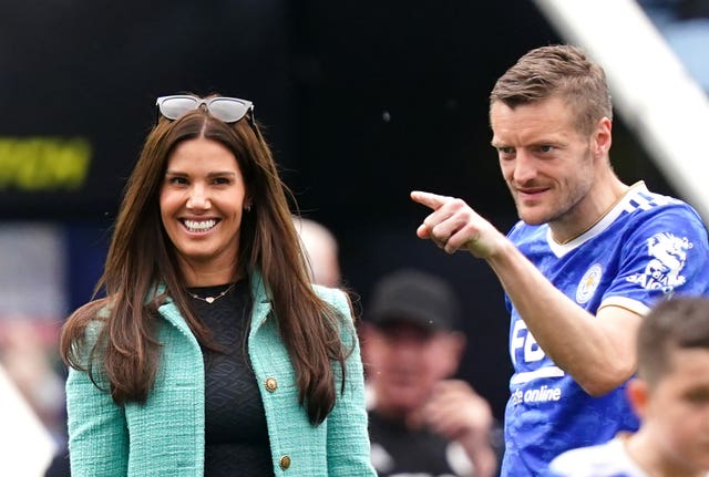Rebekah Vardy and Leicester's Jamie Vardy following a Premier League match at The King Power Stadium, Leicester