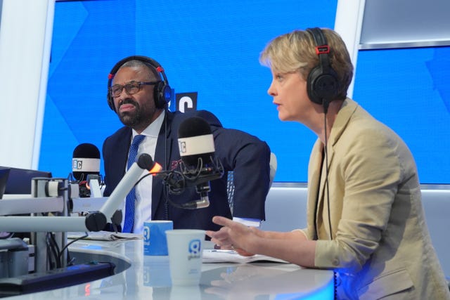 Home Secretary James Cleverly and shadow home secretary Yvette Cooper take part in a live immigration debate on LBC’s Nick Ferrari at Breakfast
