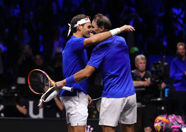 Roger Federer, left, embraces Rafael Nadal after his final match at the Laver Cup