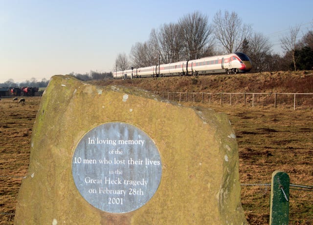 A memorial plaque in the Great Heck Rail Disaster Memorial Garden near Selby in North Yorkshire 