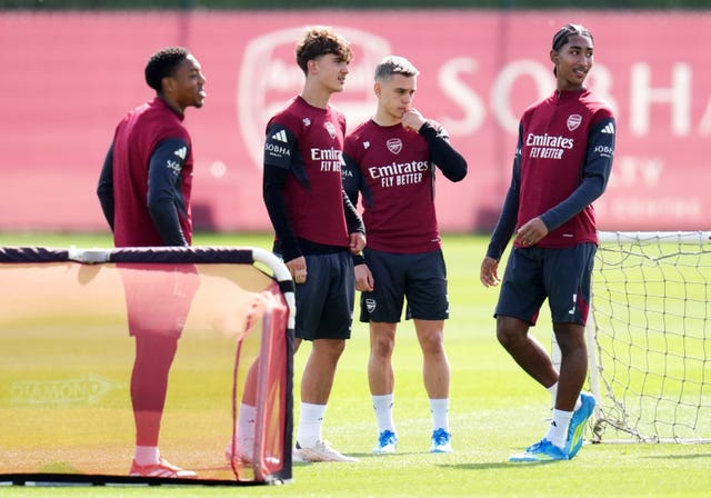 Arsenal’s Max Dowman (centre left) and Leandro Trossard (centre right) during a training session