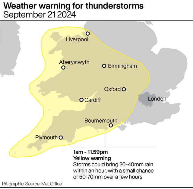 A map of highlighting the parts of England and Wales that are affected by the weather warning for September 21