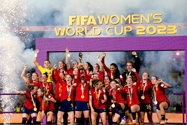 The Spain team celebrate with the trophy after winning the World Cup in 2023
